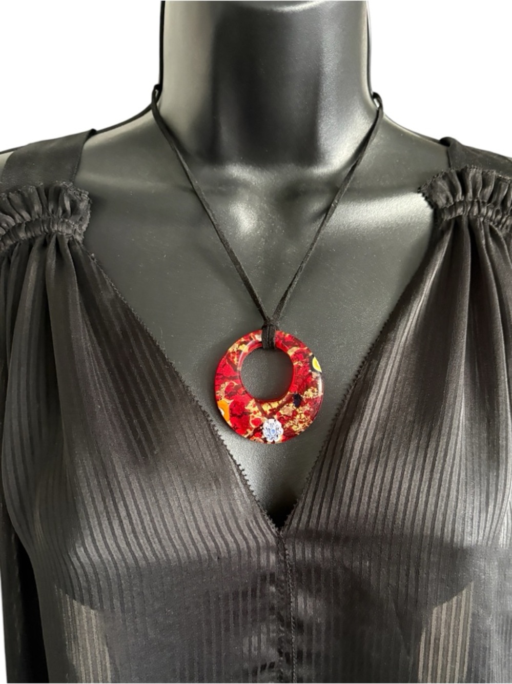 🇮🇹 ARTISAN Murano Millefiore Glass Donut Pendant on Leather Cord, 16-18”